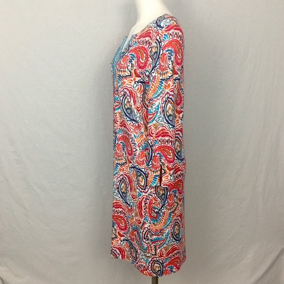 Crown & Ivy Petite XL Dress 3/4 Sleeve Split Front V-Neck Stretch Vibrant Print - Picture 7 of 16